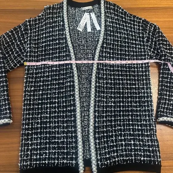 Alice + Olivia Bradford Beaded Open Front Cardigan, Tweed Embellished, Large NWT
